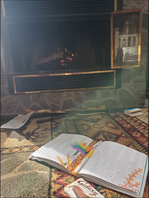 fireplace and colouring book